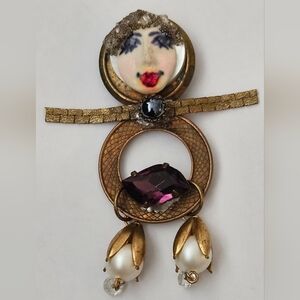 Vintage Handmade Pearl Rinestone Avante Garde Porcelain face woman Pin Brooch